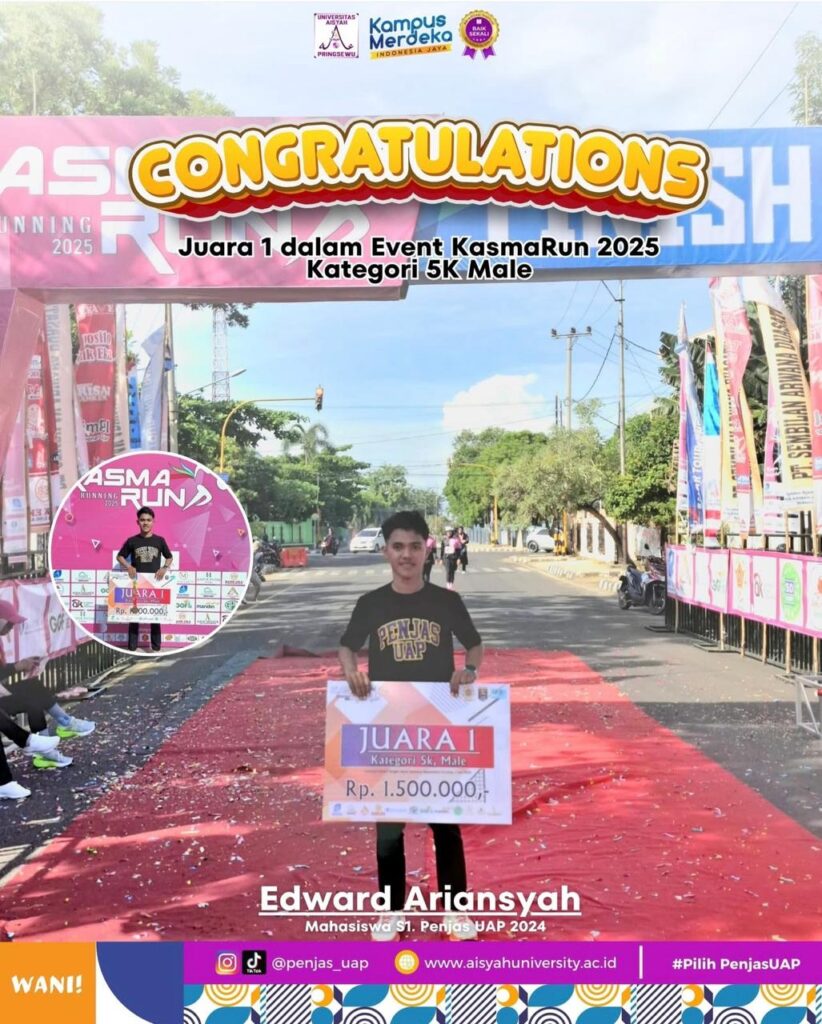 Edward Ariansyah Mahasiswa Program Studi S1 Pendidikan Jasmani Universitas Aisyah Pringsewu Sabet Juara 1 Kategori 5K Male dalam Event KasmaRun 2025